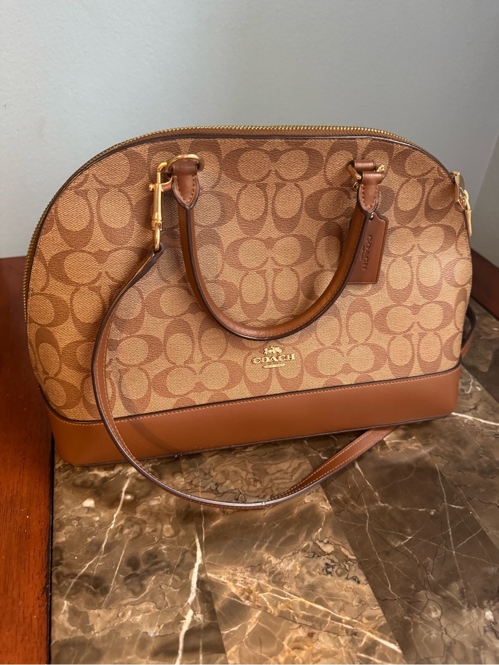 Coach Brown Signature Dome Satchel with Tan Leather Trim